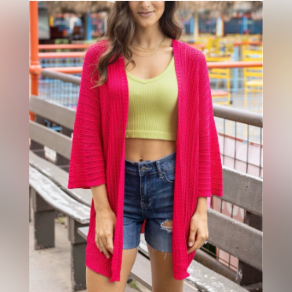 Grace and Lace Open Knit Hot Pink Pointelle Cardigan